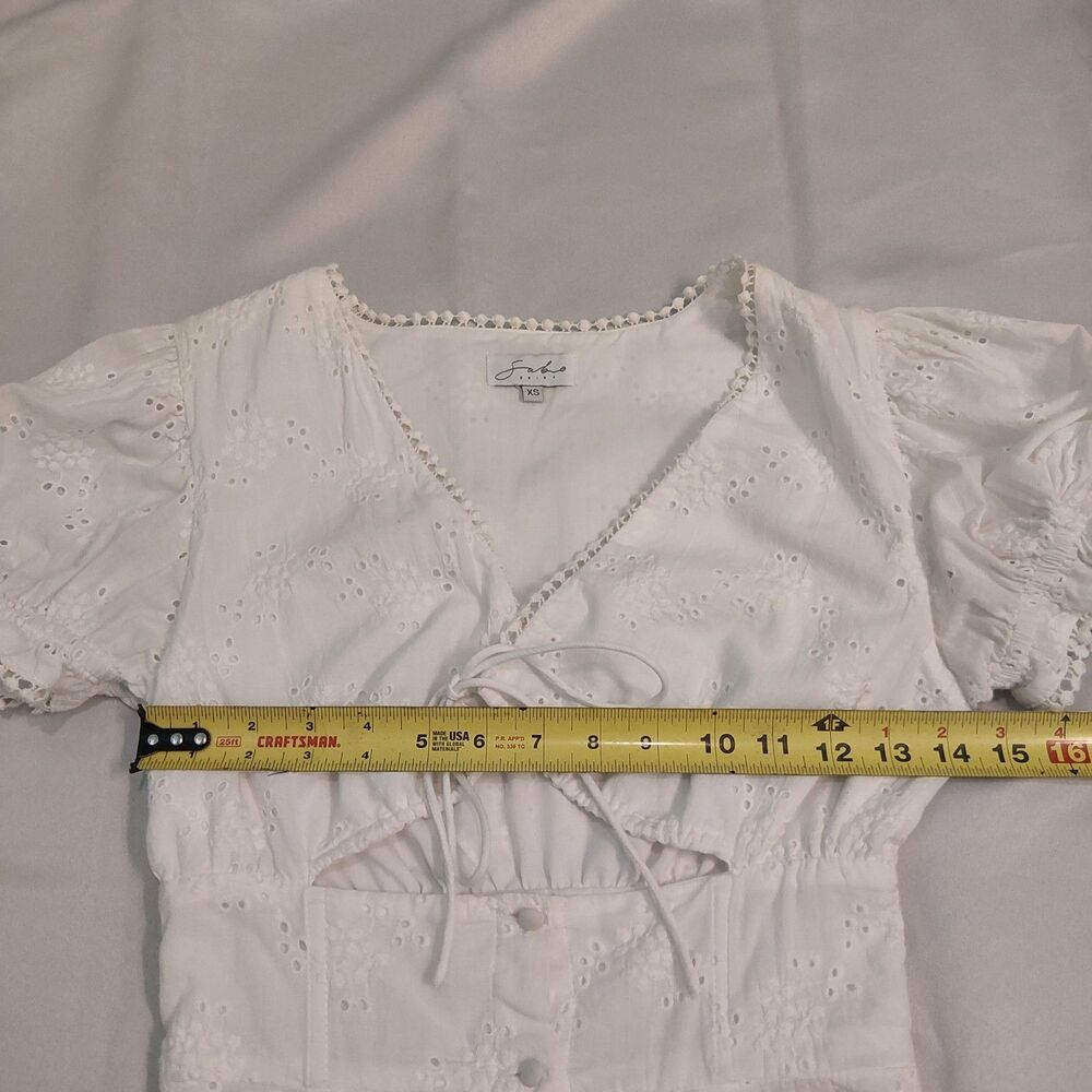 Sabo Skirt White Cotton Eyelet Broderie Mini Dress Cutout Tie Front Puff Sleeve - Picture 16 of 16